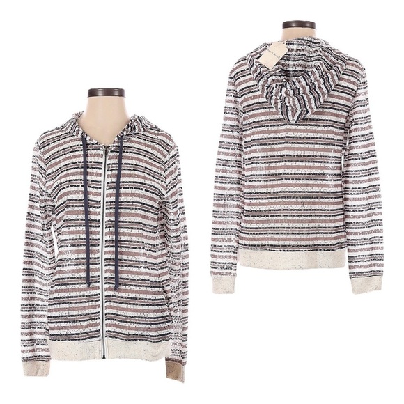 Hem & Thread Oatmeal Lace Stripe Full Zip Bomber Jacket Size S NWT - Picture 1 of 11